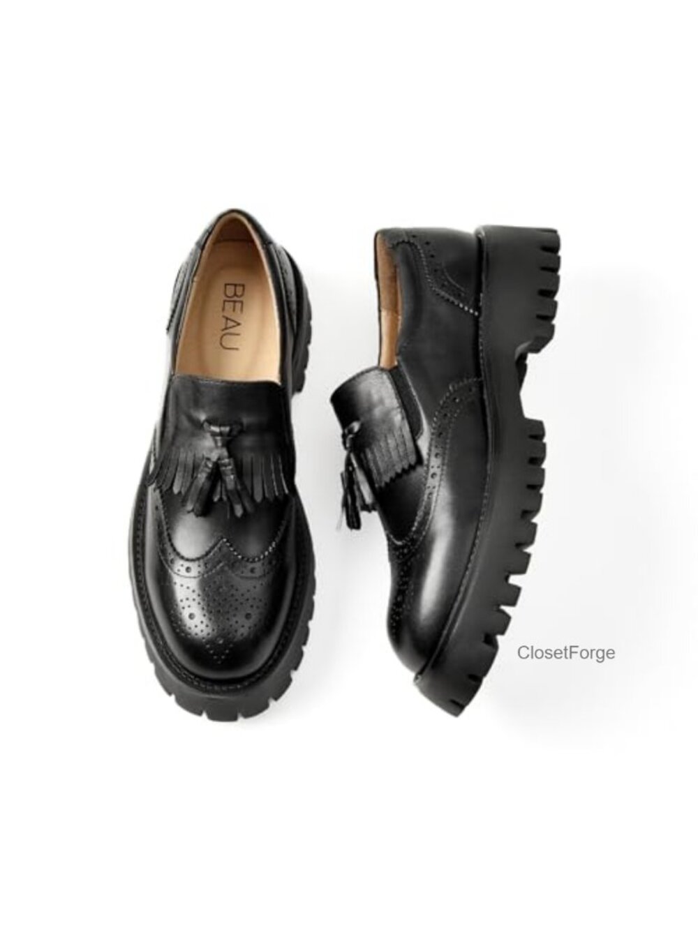Leather Platform Loafers Tassel Lug Sole Slip On Comfort